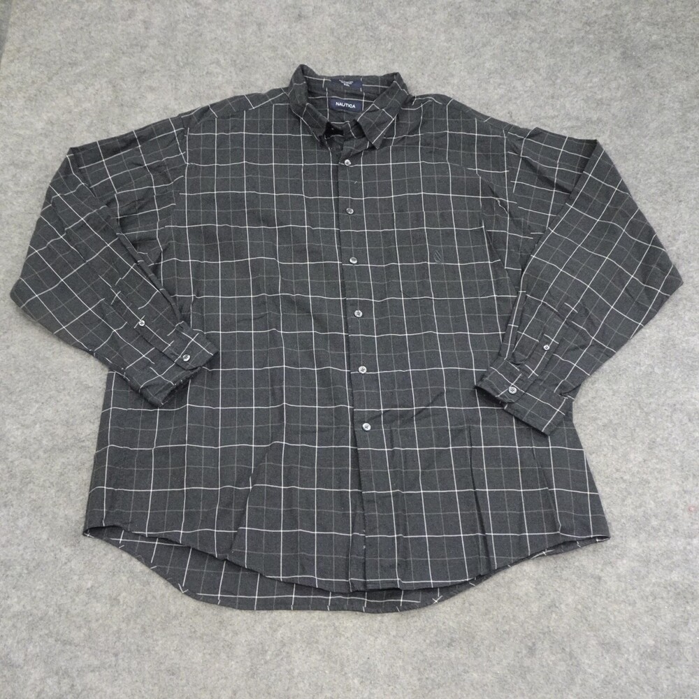 Nautica Shirt Mens XXL 2XL Black Button Up Plaid Long Sleeve Casual